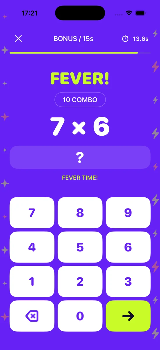 Purple Fever screen with a countdown and a 10 combo