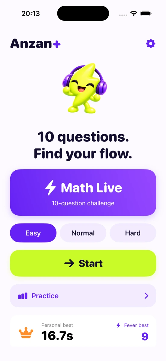 Anzan+ home showing Easy difficulty, a 16.7-second personal best and Fever best of 9